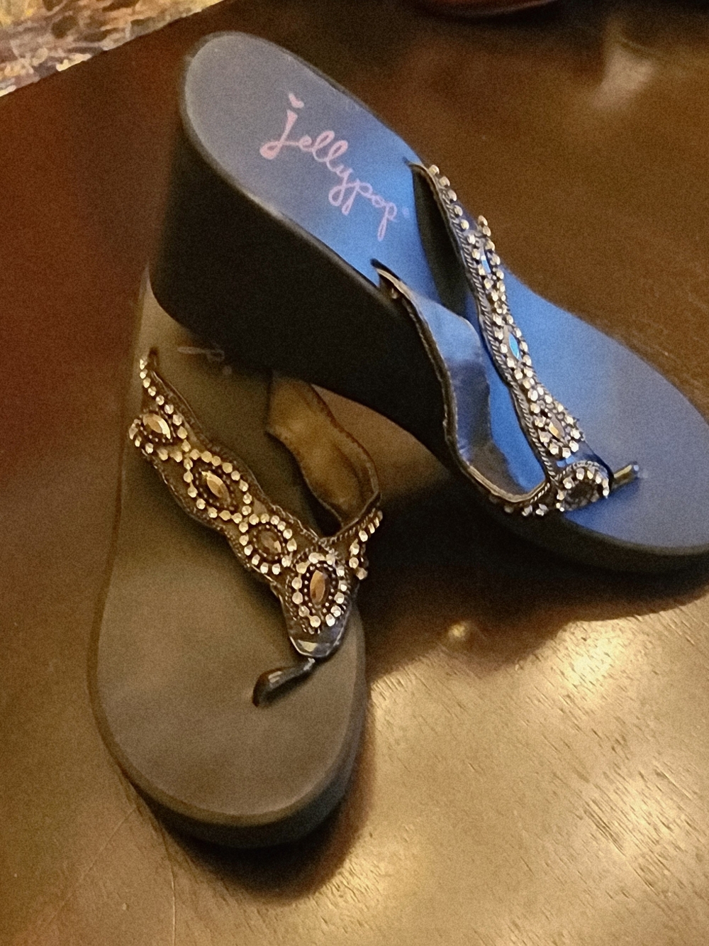 Jellypop Women’s Black Jeweled Wedge Sandals
